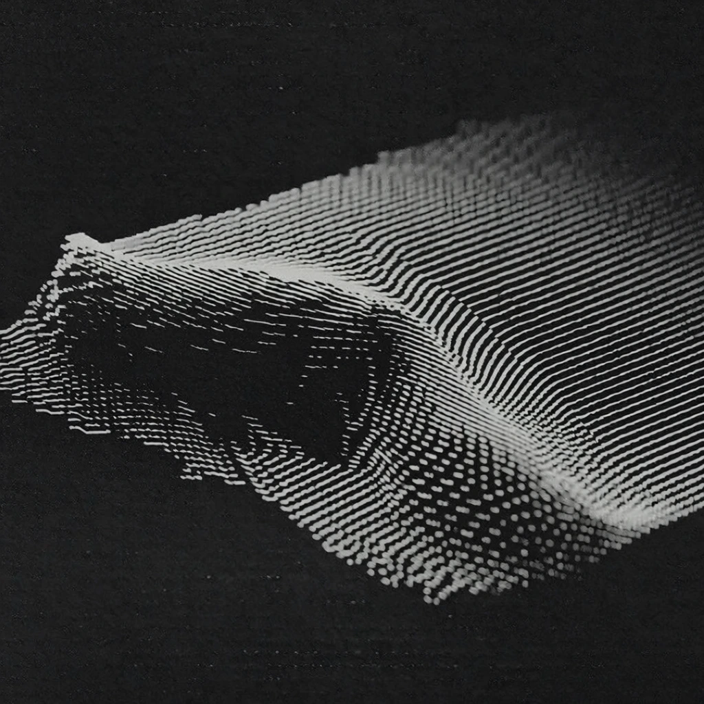 high contrast monochrome macro, thick viscous substance layered on a surface with parallel grooves, topographic distortion rendered through sharp white scanlines on a black background, rhythmic wavy patterns from material displacement, digital glitch artifacts and pixelated fragmentation along the edges, grainy film texture, photocopy noise, minimalist composition, experimental aesthetic inspired by moiré interference and signal processing.