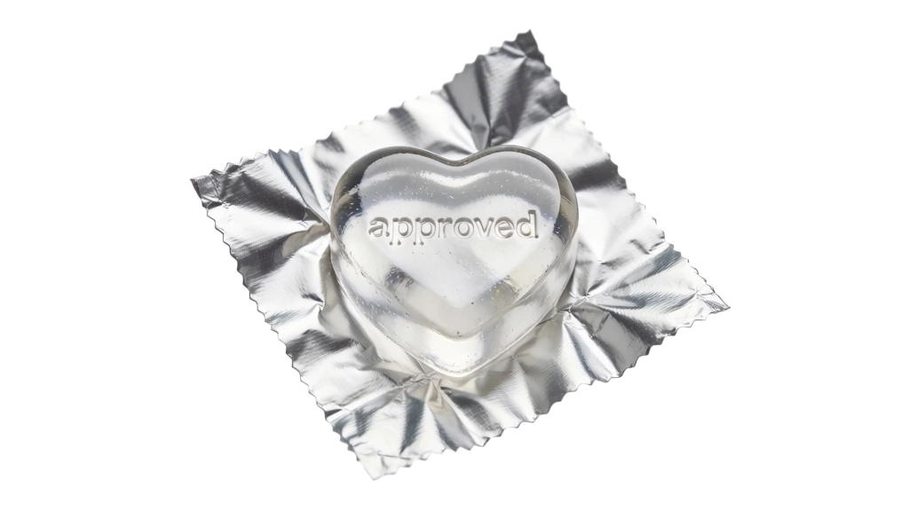 A crystal-clear heart-shaped hard candy in hot pink, ultra transparent like glass, flawless and smooth surface, no bubbles or cracks, with the words "approved" engraved on it, placed directly on a shiny crinkled silver foil candy wrapper, the wrapper is fully unfolded and clearly visible underneath the candy, soft lighting, clean white background, elegant product photo