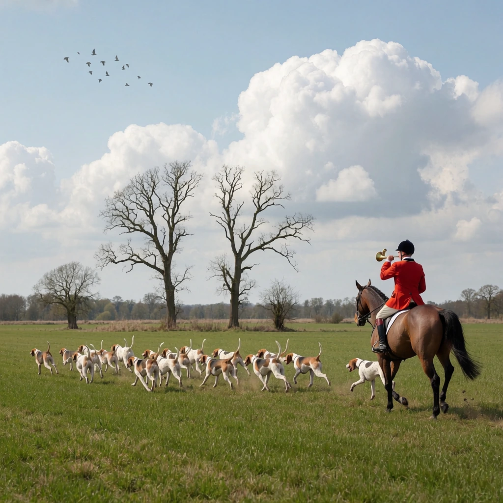 A wide landscape photograph of an equestrian hunt traversing a vibrant green meadow. On the right, a rider on a brown horse wears a striking red coat, white breeches, and a black helmet, raising a brass horn to their lips. Ahead of the rider, a large pack of white and brown spotted hounds sprints across the grass with noses lowered to the ground. Stark, leafless trees stand in the midground against a pale blue sky filled with massive, puffy white cumulus clouds. A small flock of birds flies high in the upper left corner. Bright natural daylight highlights the vivid red coat against the expansive, earthy rural setting.
