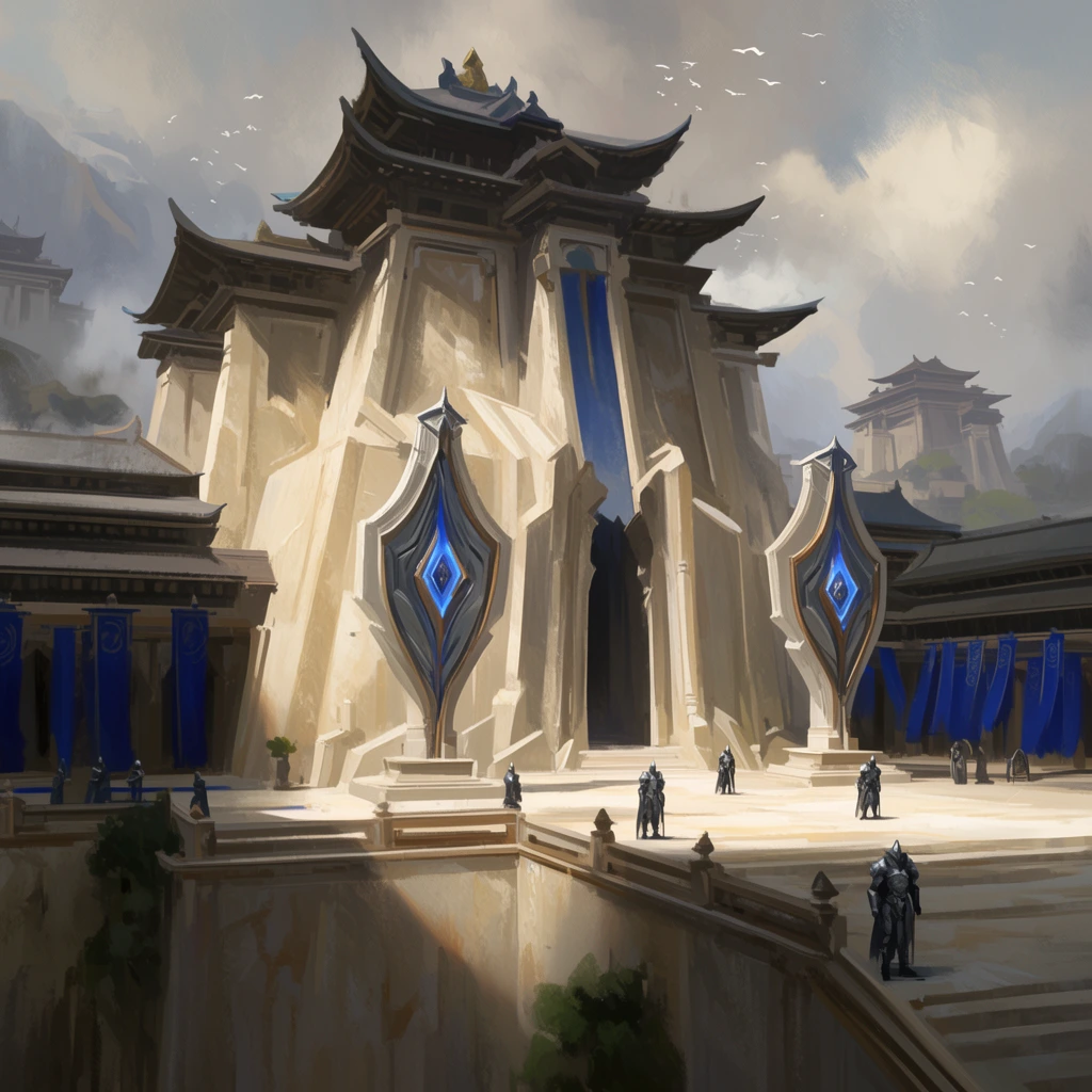 A monumental fantasy citadel blends angular pale stone architecture with curved, traditional roofs. Two towering shield-shaped monuments with glowing blue cores flank a grand entrance. Armored figures patrol a sunlit terrace overlooking courtyards draped in blue banners. Distant temples and misty mountains fade into a cloudy sky dotted with birds. The cinematic digital concept art features painterly brushstrokes and a muted palette of warm stone and deep blue to emphasize epic scale.