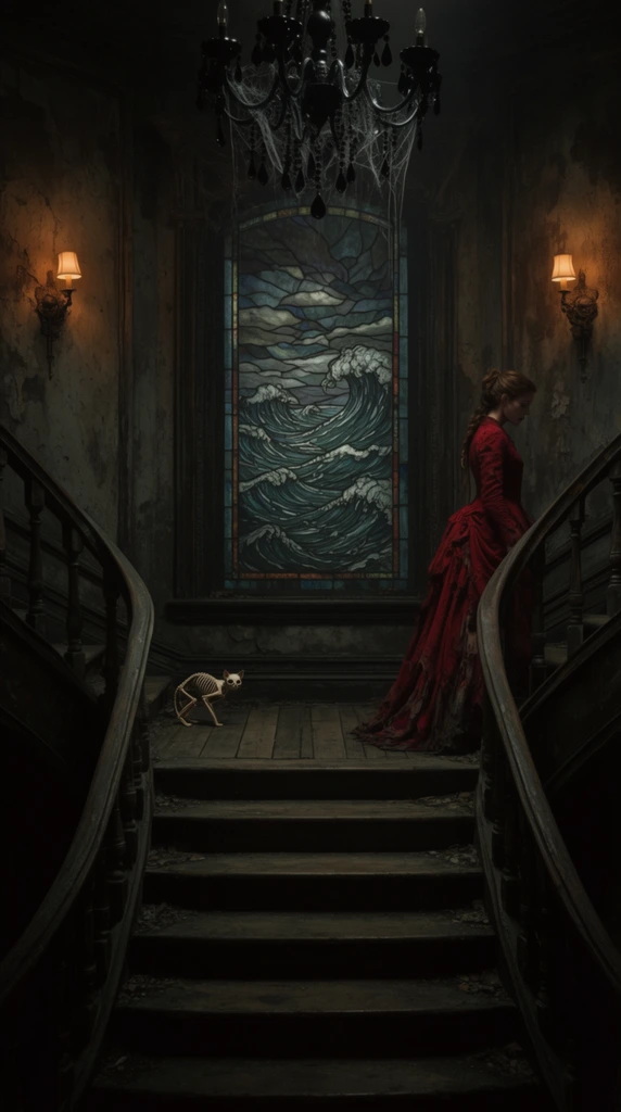 A dimly lit split staircase in a decaying manor ascends to a broad landing featuring a massive stained-glass window depicting a stormy sea. A small skeletal cat crouches on the landing's floorboards. On the right curving flight, a woman in a tattered crimson Victorian gown stands in profile, looking downward. Deep, atmospheric shadows shroud the cinematic scene, punctuated by warm amber glows from wall sconces and a cobweb-draped black crystal chandelier. A low, symmetrical camera angle emphasizes the imposing gothic architecture, contrasting the moody desaturated walls with the vivid red dress.