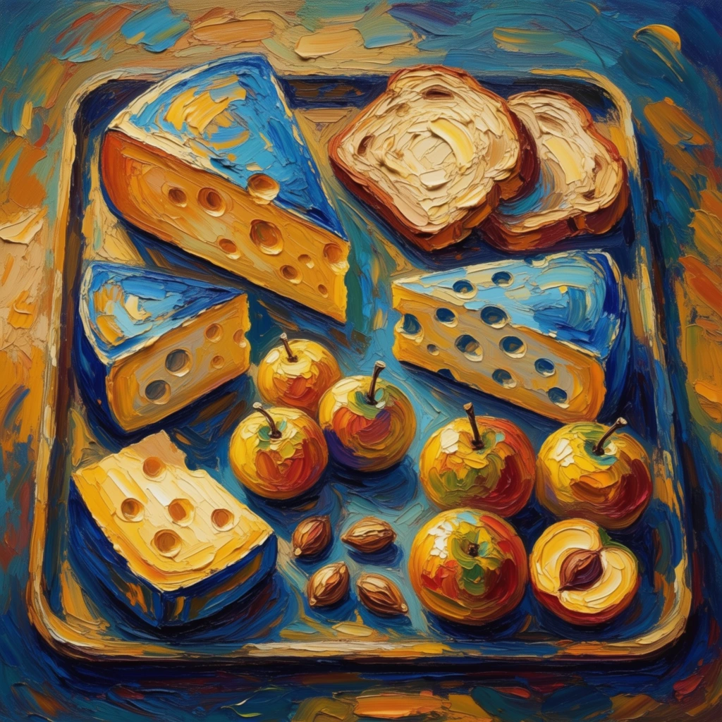 A centrally positioned rectangular tray laden with a food arrangement, rendered entirely in a highly tactile, heavy impasto oil painting style characterized by thick, sculptural palette knife strokes and dynamic, swirling movement. At the upper left of the tray rests a large wedge of cheese featuring distinct holes, complemented by a smaller wedge of cheese with holes at the lower left and a half-wedge of cheese with holes in the middle right, all formed by sweeping, thick dabs of radiant golden yellows and contrasting deep cerulean blues. Two thick slices of bread are positioned on the upper right, their textures built from dense, layered smears of paint. Clustered in the bottom middle are three small round fruits with visible stems. The bottom right holds an arrangement of three slightly larger round fruits with stems alongside a single halved fruit, their rounded forms articulated by curling, intensely textured strokes of rich, saturated color. Four small nuts are scattered near the bottom center. The entire composition utilizes a vibrant, high-contrast palette of luminous warm tones against deep, shadowed indigos and teals, with the pronounced three-dimensional ridges of the densely applied paint catching dramatic highlights across the sculpted food items and the energetic, swirling environment.
