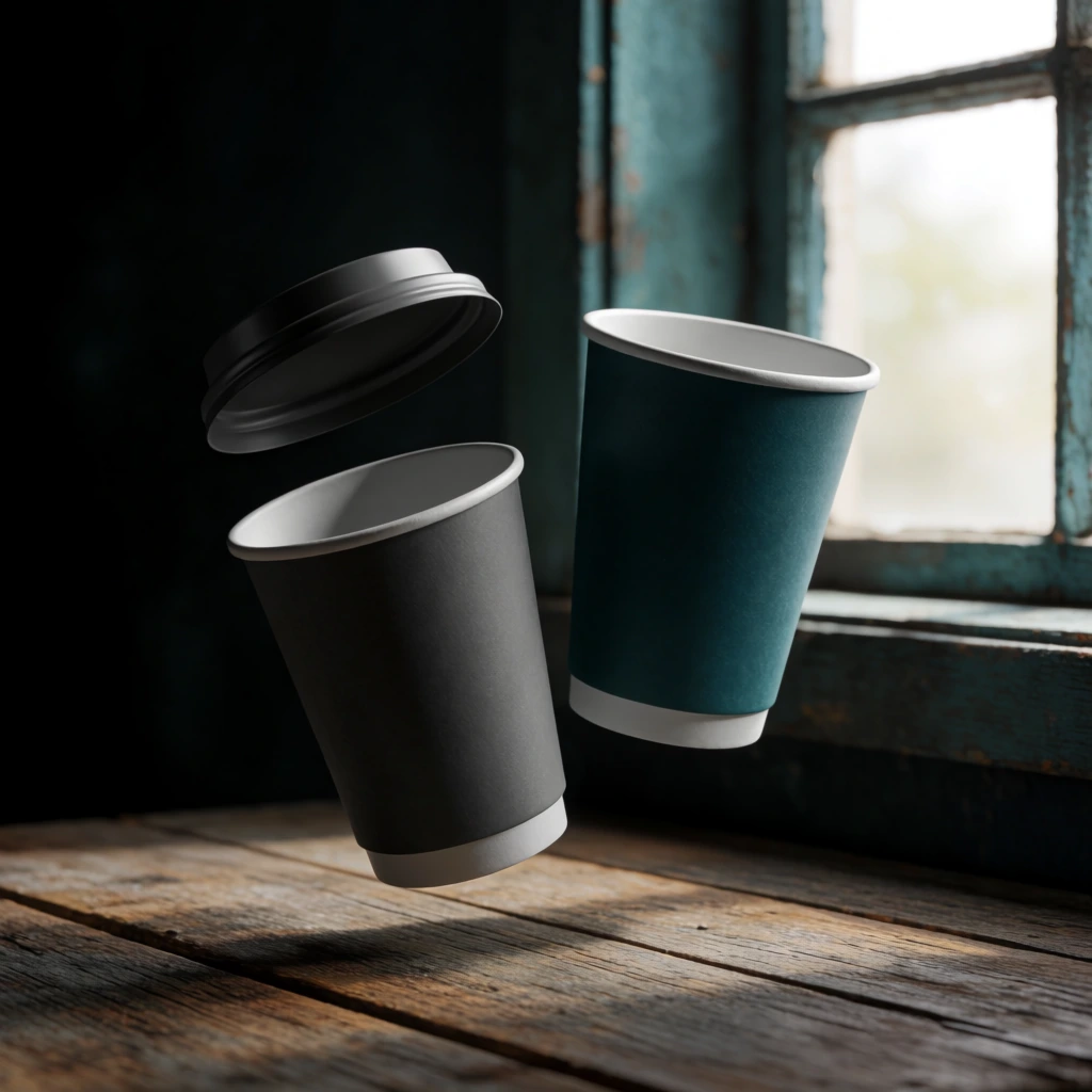 two floating matte disposable coffee cups, charcoal and light grey cup with a detached hovering lid, charcoal and deep teal cup, suspended over a weathered wooden table, moody dark interior, distressed teal window framing bright daylight, dramatic chiaroscuro, photorealistic product photography