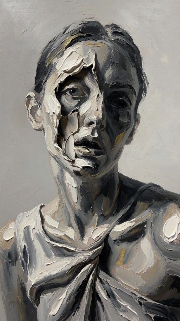 a portrait of an abstract human figure, made up only of thick impasto paint strokes in neutral colors. the face is twisted and distorted, with the skin appearing to melt off the head. this painting should have bold brushstrokes and textured layers that give depth to each stroke. it captures movement and emotion through dynamic lighting, with light tones on a gray canvas background , with a fashion photography-inspired, epic composition and hyper-realistic details. side light makes paint strokes and thick oil texture more realistic and prominent through light and shadow