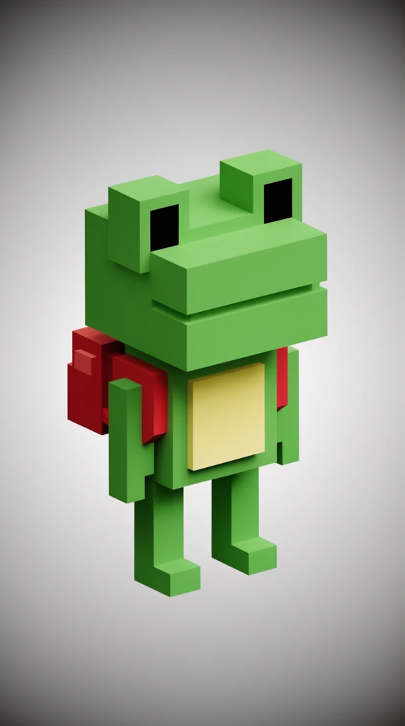 3D voxel art frog character, bright green cubic head and blocky limbs, pale yellow square underbelly, small red geometric backpack, large black square eyes, minimalist low-poly construction, sharp rigid right angles, modular cube-based geometry, centered composition, light grey to dark grey radial vignette background, soft studio lighting, clean matte textures, retro gaming aesthetic