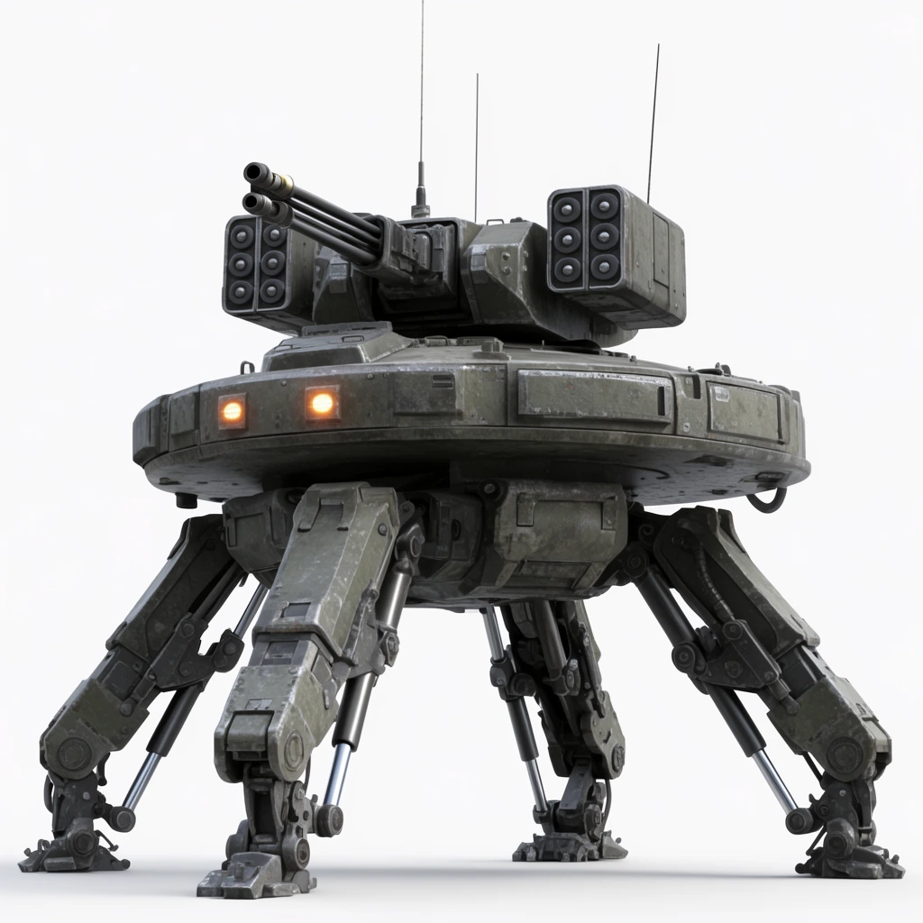 Quadrupedal military mech isolated on a white background, flat circular chassis in weathered dark green and gray metal, top-mounted turret with multi-barrel cannon and missile pods, four articulated mechanical legs featuring hydraulic pistons, glowing orange sensor lights, thin antennae, photorealistic 3D render, studio lighting, low angle