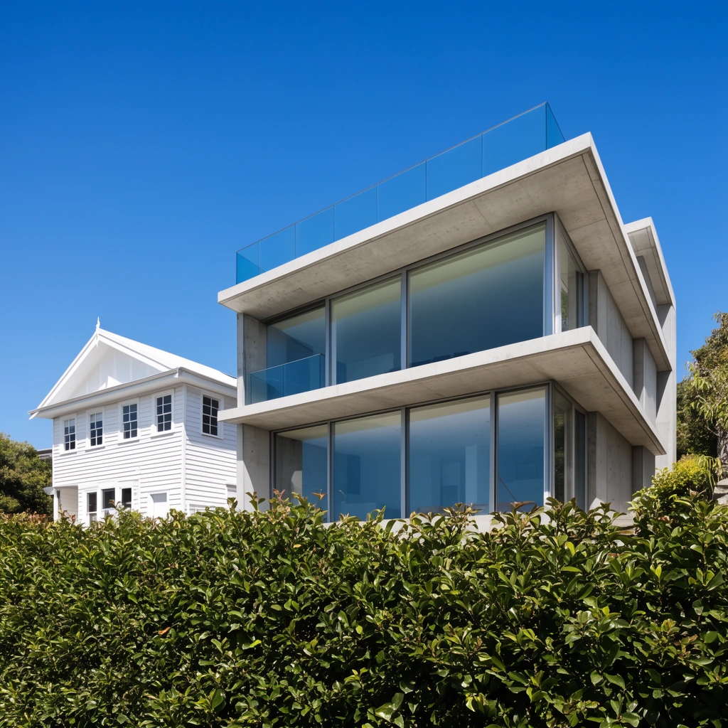 A modern concrete and glass home stands beside a traditional white timber house behind a dense green foreground hedge. The contemporary structure features expansive floor-to-ceiling windows, cantilevered overhangs, and a glass-enclosed rooftop terrace, illuminated by bright daylight under a clear blue sky.