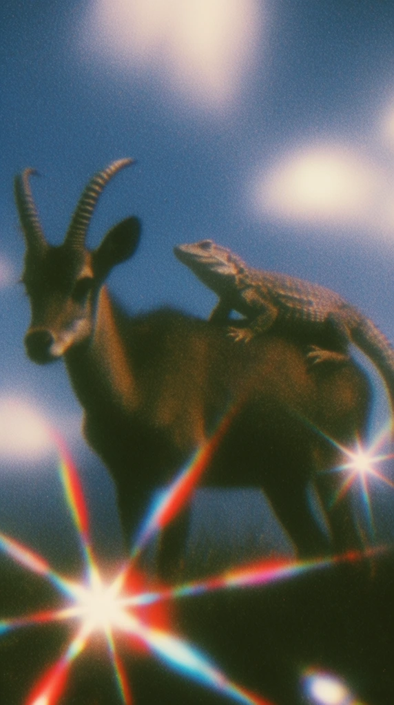 An ungulate with curved ribbed horns stands with a reptile perched on its back, rendered in a heavily grainy, low-fidelity vintage photography style. The animals appear as dark, soft-focus silhouettes against a hazy, deep blue sky marked by blown-out white highlights. Extreme, multicolored starburst lens flares with severe red and cyan chromatic aberration dominate the foreground, piercing the composition with bright streaks. The aesthetic relies on intense film grain, blooming lights, and a dreamy, nostalgic optical distortion.