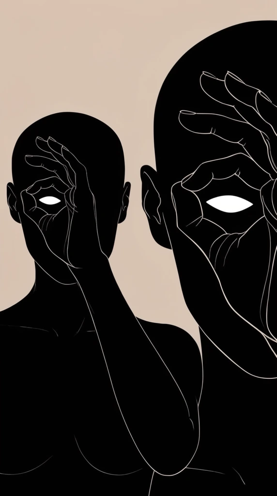 Two minimalist black silhouettes of a bald figure on a beige background. One hand forms a circle over the face, framing a single stark white eye. The left is a half-body view, the right a close-up crop. Sparse white lines define anatomical contours and creases.