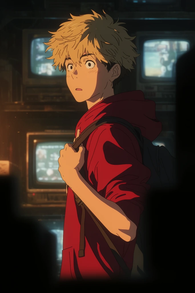 Cinematic anime still of a teenage boy with messy blonde hair and a red hoodie in a dark room full of vintage CRT monitors. He grips a backpack strap tightly across his chest, looking left with wide, startled eyes. Warm, dramatic side lighting highlights his face and arm against the dim, nostalgic background, creatively framed by dark, out-of-focus foreground silhouettes.