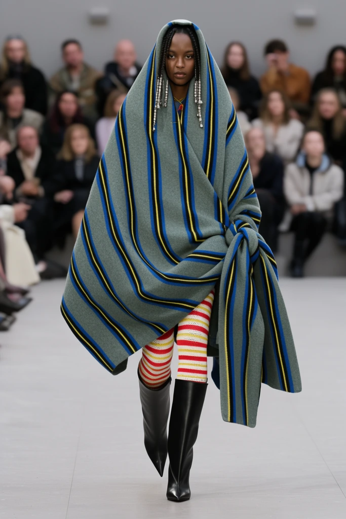 A model walks a light grey runway in a massive, draped grey-green hooded blanket coat featuring bold vertical blue, black, and yellow stripes. The avant-garde silhouette includes a large side knot, worn over horizontal red, white, and yellow striped knit leggings and pointed knee-high black leather boots. Silver beads dangle from the model's braids. The scene is captured with a shallow depth of field, softly blurring the seated audience and bright, even indoor lighting in the background.