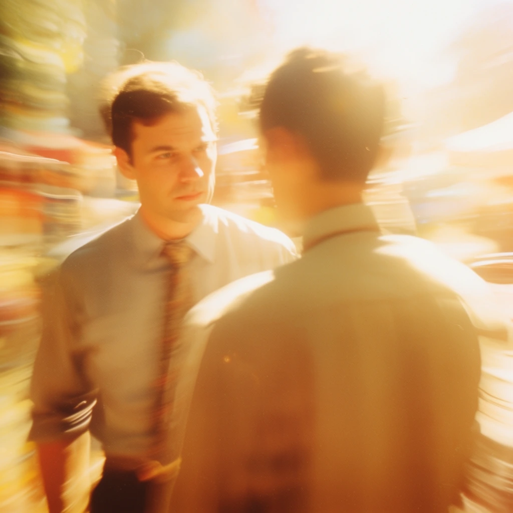 A man in a shirt and tie looks intently at another man whose back is to the camera, captured with a severe horizontal motion blur and a bright, sun-drenched vintage film aesthetic. The facing man wears a collared shirt and knotted tie, his form stretched into soft, directional streaks while holding a fixed posture directed at the figure in front of him. The second man occupies the foreground with his back turned, forming a broad, smeared silhouette anchoring the composition. An extreme slow-shutter photographic effect dominates the scene, dissolving sharp boundaries into sweeping, fluid bands of cinematic movement. Glaring, blown-out sunlight washes over the figures, producing glowing ethereal halation and intense light leaks. The warm, golden color palette mimics hazy, soft-focus 35mm analog photography, rendering the abstract environment as a dynamic swirl of radiant, overexposed illumination and saturated color streaks.