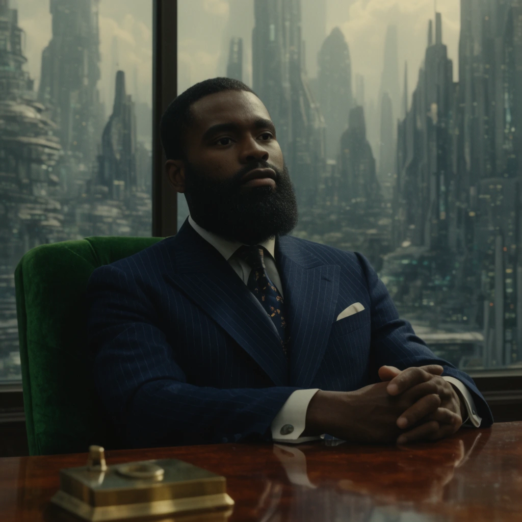 A bearded Black man in a navy pinstripe suit sits in a green velvet chair behind a mahogany desk, gazing contemplatively off-camera. A large window reveals a sprawling futuristic cityscape. Cinematic 35mm film style with moody, diffused lighting.
