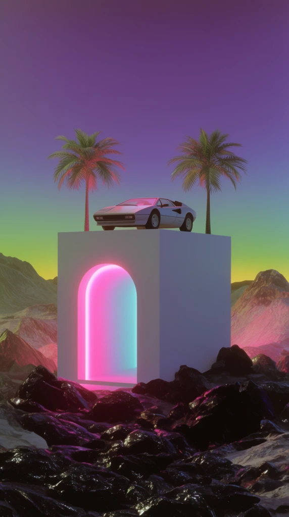 A surreal, retro-futuristic 3D render of a stark white, minimalist rectangular structure rising from a rugged landscape of glossy, jagged black rocks. On the flat roof of the structure rests a wedge-shaped vintage sports car parked evenly between two stylized palm trees. The front facade of the building features a glowing, recessed archway radiating intense neon pink and cyan light. The surrounding environment consists of barren, rocky mountains illuminated by the ambient neon glow. Above, a smooth gradient sky transitions from deep violet at the zenith to a vibrant yellow-green at the distant horizon, completing the atmospheric synthwave aesthetic.