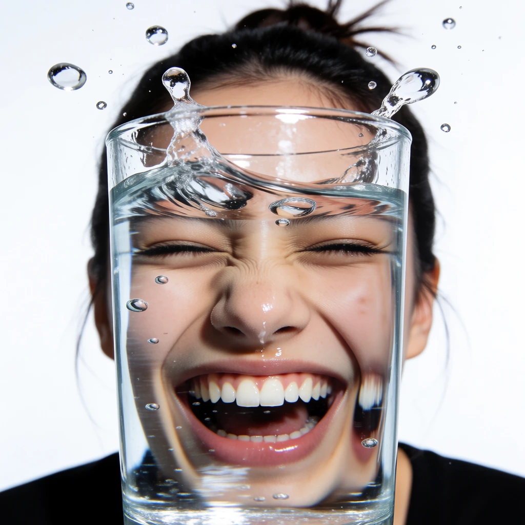 A laughing young woman's face is viewed through a clear, cylindrical glass of water, creating a distorted and surreal visual effect. The woman has East Asian features, her eyes are tightly squinted, and her mouth is wide open in a joyful expression, revealing her upper and lower teeth and pink gums. Her dark hair is pulled into a bun, the top of which protrudes from the water and sits just above the rim of the glass. The glass is filled nearly to the brim, with water splashing over the top and down the sides, causing ripples and refractive distortions across her features. Numerous translucent water droplets of various sizes are frozen in mid-air above the glass, against a plain, bright white background. The lighting is sharp and bright, coming from the front and slightly above, casting a soft shadow beneath the glass and highlighting the clarity of the water and the textures of the woman's skin. The composition is centered and close-up, focusing on the interplay between the human face, the transparent vessel, and the dynamic movement of the splashing water.