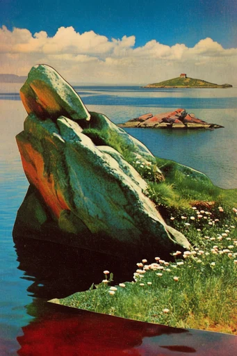 Surrealist Retro Collage style reference image — halftone print texture