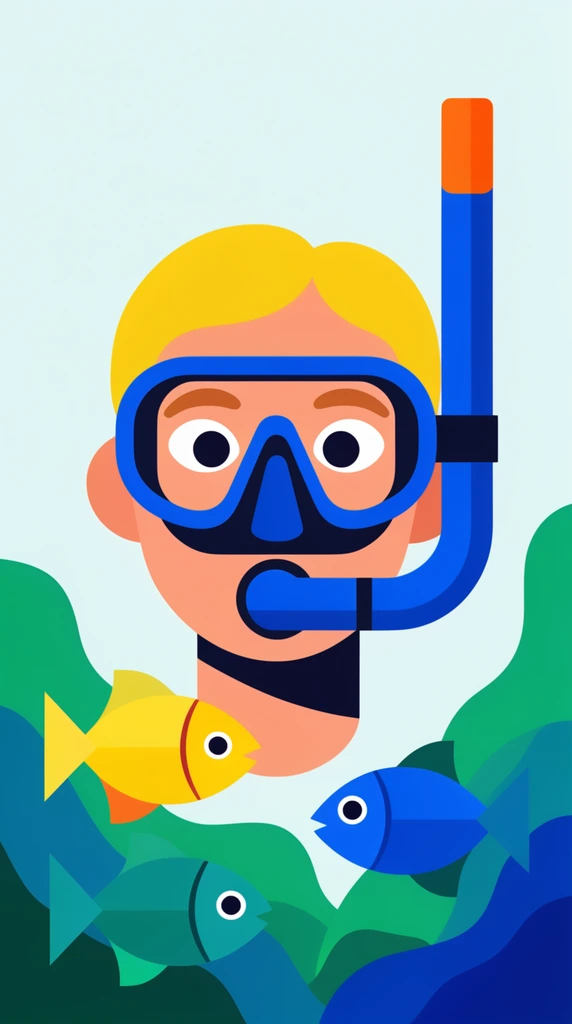 flat vector illustration, person snorkeling underwater, blonde hair, wide eyes, blue mask and snorkel tube, three geometric fish in yellow blue and teal, abstract layered green and blue seaweed foreground, minimal light background, clean lines, bold colors, corporate illustration style