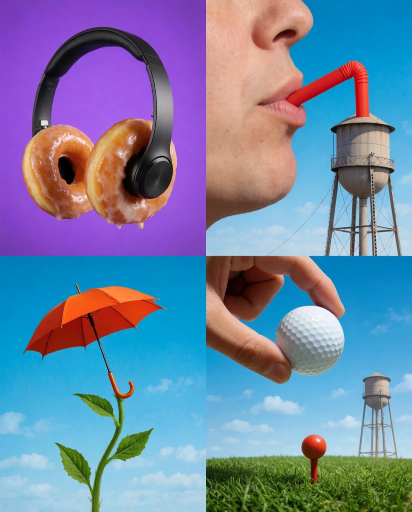 four-panel grid of surreal forced perspective photography, headphones with glazed donut earcups on a purple background, mouth sipping a water tower through a giant red straw, green plant stem blooming with an orange umbrella, fingers holding a white golf ball over a distant water tower tee