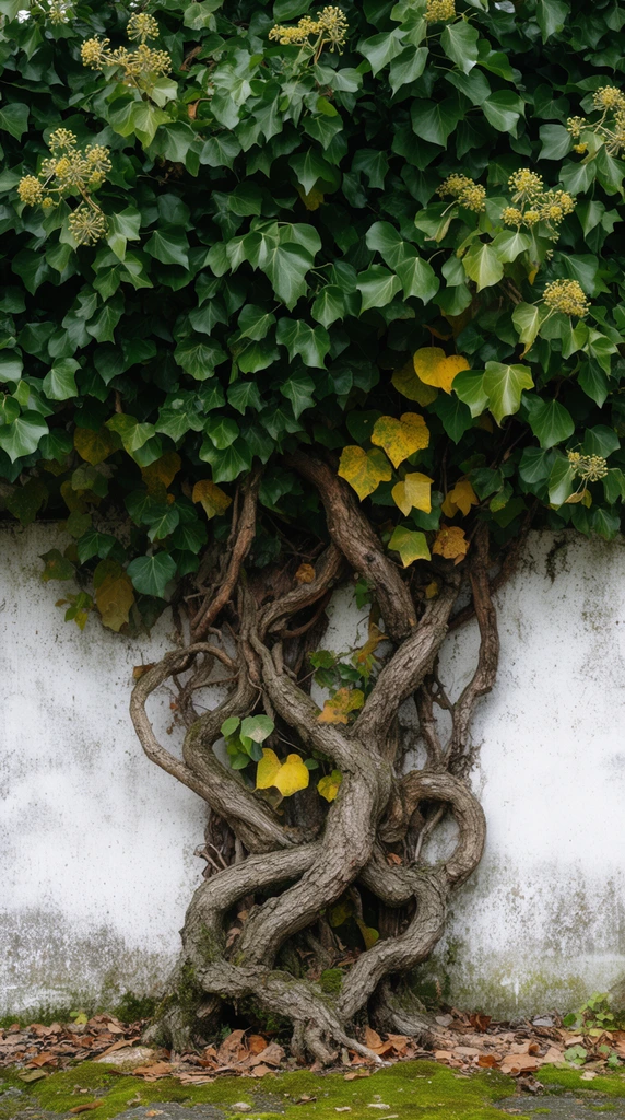 dense canopy of lush green ivy leaves, thick gnarled woody vines clinging to a weathered white concrete wall, intertwining serpentine trunks, scattered yellowing foliage, small spherical flower clusters, rough bark, natural diffuse daylight, mossy ground with fallen dried leaves, stark contrast between organic textures and flat architecture, realistic nature photography