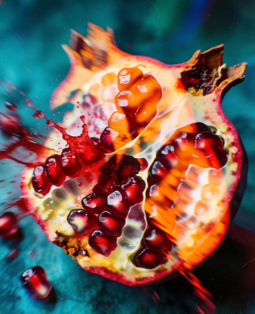 pomegranate segments with exploding juice splatters, glowing ruby red and incandescent orange silhouettes layered with offset double exposure effects, translucent arils casting soft halos, dynamic motion blur, ethereal diffusion, vibrant teal and deep cyan background, high contrast, film grain texture, chromatic aberration, dreamlike vaporwave aesthetic, abstract botanical composition, soft-focus luminous edges, atmospheric lighting, moody neo-noir vibe.
