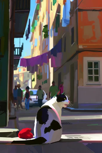 Vibrant Urban Impressionism style reference image — sharp graphic shadows