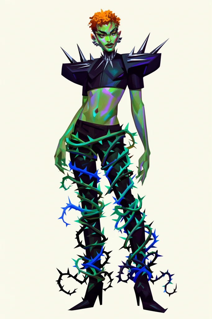 A stylized full-body digital illustration of a humanoid figure on an off-white background. The character has iridescent green skin with purple highlights, sharp facial features, and textured orange hair. They wear a dark, spiked crop top with high-fashion shoulder armor. Their dark pants are tightly bound by trailing, thorny vines in vibrant teal, blue, and black. The artwork features sharp geometric shapes, crisp edges, and a bold contrasting color palette, emphasizing an edgy, futuristic aesthetic.
