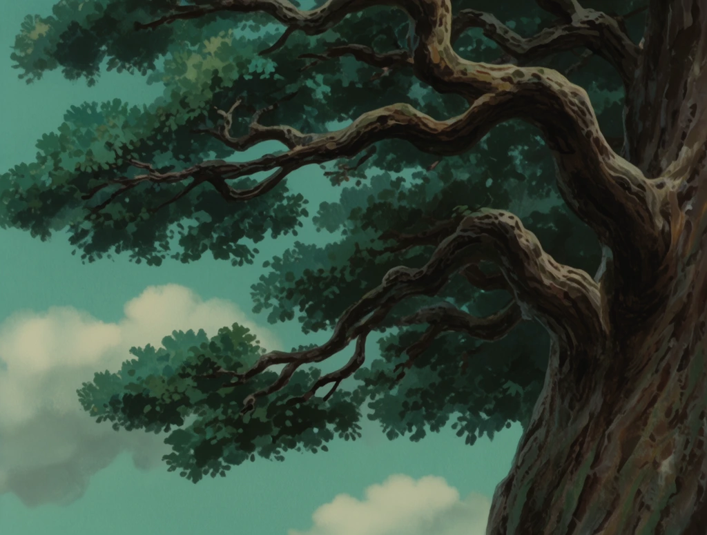 Gnarled ancient tree on the right frame, twisting brown branches reaching left, deeply grooved bark, dense dark green foliage, soft teal sky, scattered fluffy white clouds, hand-painted animation background style, traditional painterly textures, serene lighting
