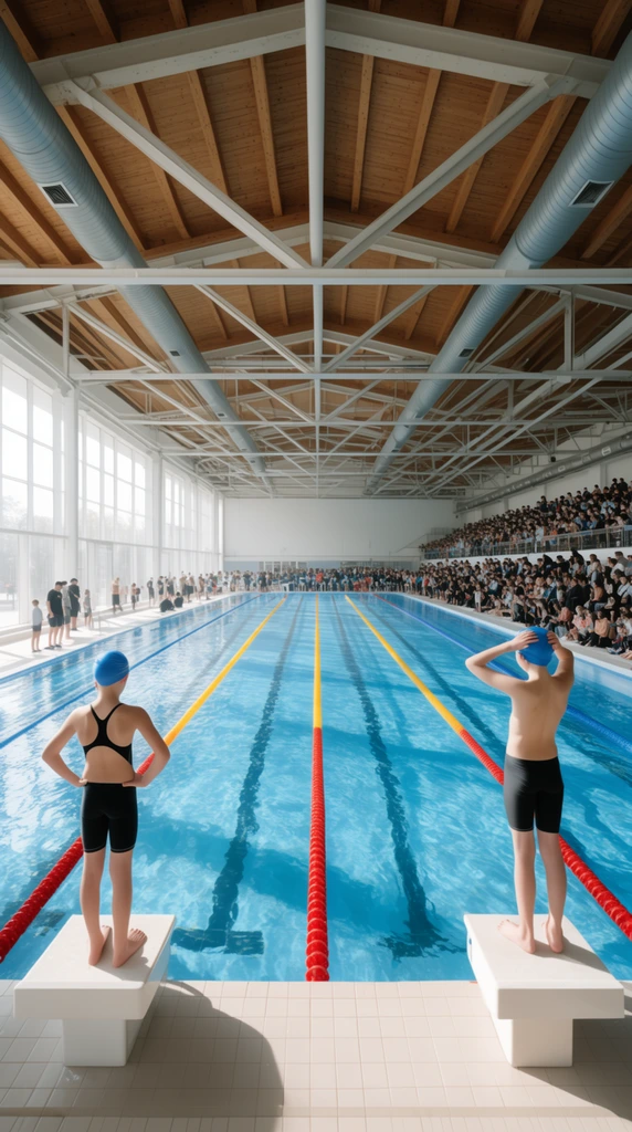 An expansive indoor competition swimming pool viewed from behind the starting platforms. Two young swimmers stand poised on white blocks facing the clear blue water; one rests hands on hips while the other adjusts a blue swim cap. Red and yellow lane ropes stretch into the distance, echoing the strong leading lines of the massive ceiling above. The architectural roof features exposed wooden beams, white steel trusses, and large ventilation ducts. Bright daylight from tall left-side windows illuminates the deck and a dense crowd of spectators gathered in elevated bleachers on the right.
