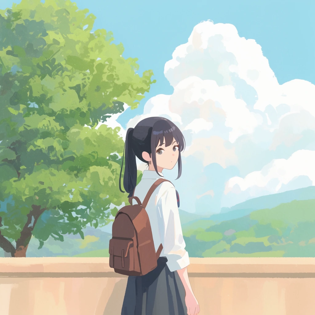 Digital anime-style illustration of a girl with a dark ponytail, white shirt, and brown backpack looking back over a low tan wall. Beside her is a large green tree. The background features a bright blue sky, massive fluffy white clouds, and distant green hills rendered in soft pastel colors.