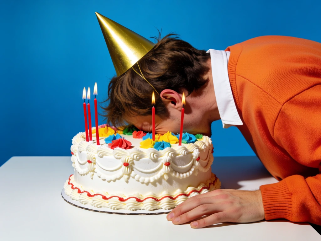 A person wearing a gold party hat has their face buried in a decorated birthday cake on a white table against a solid blue background. The individual, seen from the torso up, leans forward with their face pressed directly into the center of the round, white-frosted cake, leaving only their brown hair, ear, and neck visible. They are dressed in a bright orange knit sweater over a white collared shirt, and a metallic gold cone-shaped party hat is tilted toward the back of their head. Their right arm and hand rest flat on the clean white surface in front of the cake. The cake itself sits on a circular silver base and features ornate white piped frosting swags with thin red scalloped borders along the sides. Five thin red candles are stuck into the top surface, their small flames still burning. Swirls of primary-colored frosting in red, yellow, and blue decorate the top edge of the cake. The scene is shot from a side profile at eye level with bright, even lighting that emphasizes the vibrant color palette of orange, blue, white, and gold.