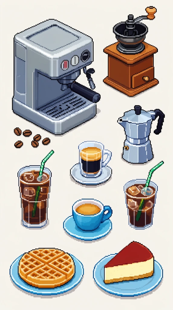 Isometric pixel art of coffee shop items, silver espresso machine, wooden grinder, moka pot, scattered beans, iced drinks, espresso, waffle, cheesecake, off-white background