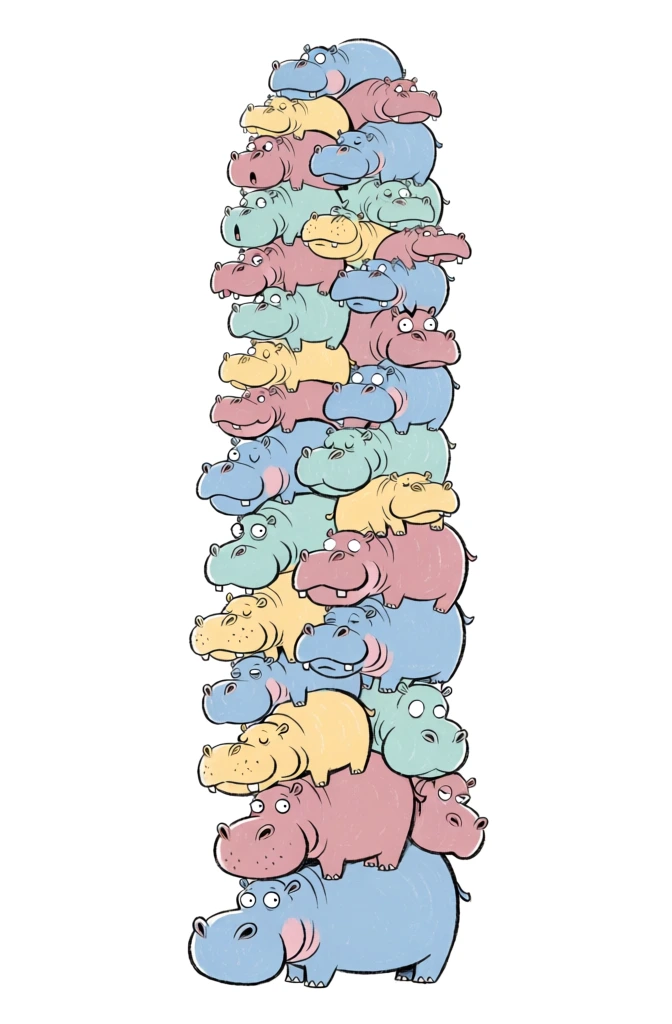 Cartoon illustration of a tall, absurd stack of exactly 32 hippopotamuses piled vertically one on top of another, playful and exaggerated proportions, rounded shapes, soft pastel colors, expressive faces with varied funny expressions, clean bold outlines, flat shading, children’s book style, perfectly centered composition, white background, whimsical and lighthearted mood, high detail, crisp vector-like finish, no text, no watermark