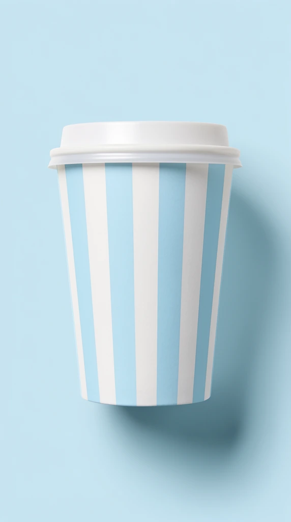 A cylindrical paper to-go cup with a smooth white plastic lid centered against a solid pastel blue backdrop. The cup's exterior is wrapped in a geometric pattern of thick, alternating vertical stripes in pristine white and a light blue that perfectly matches the surrounding background. Studio lighting from the upper left casts a soft, diffused drop shadow to the right and slightly below the object, giving the cup a subtle floating effect and highlighting its curved three-dimensional form. The minimalist product photography features sharp focus, clean lines, and a soothing monochromatic pastel color palette.