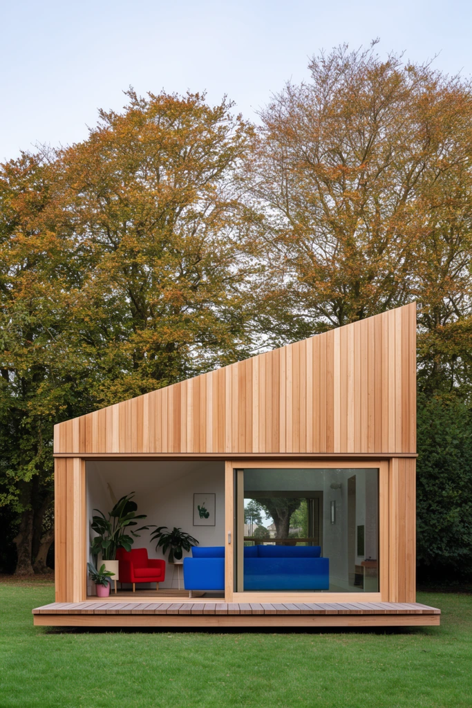 A modern, asymmetric pavilion with vertical timber cladding and a sloped roof rests on a green lawn. Wide glass sliding doors reveal a bright interior containing a vivid blue sofa, red armchair, and potted plants. A low wooden deck spans the facade. Towering trees with autumn-tinged foliage fill the background under a pale sky. Straight-on architectural photography emphasizes crisp geometric lines and warm, natural wood tones.
