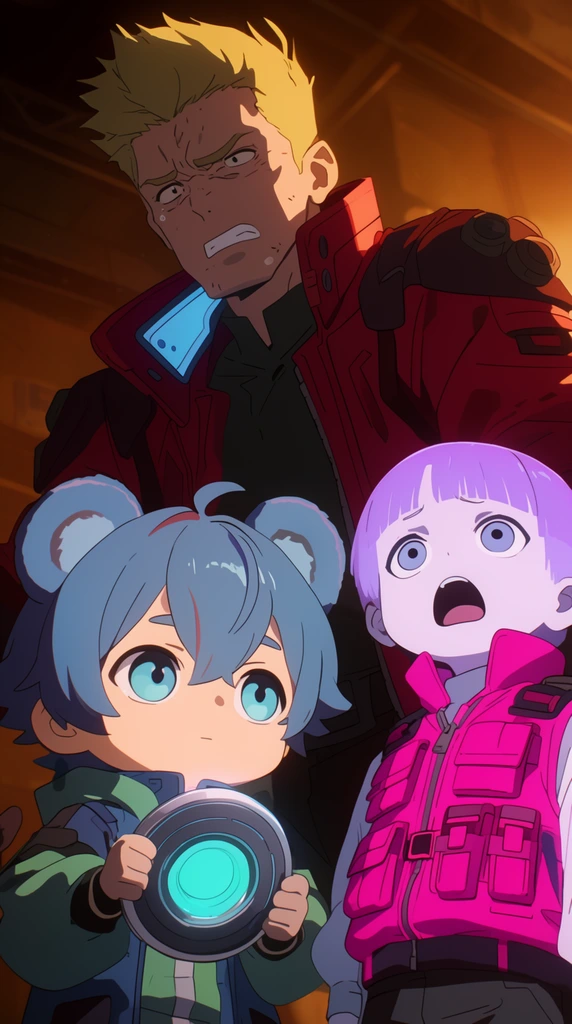 three sci-fi anime characters clustered together, tall distressed blonde mechanic in a crimson jacket, chibi youth with rounded bear ears and blue hair holding a glowing cyan disk, pale chibi child with purple hair gaping in awe, neon pink tactical vest, low angle, warm amber lighting, deep shadows, vibrant digital coloring
