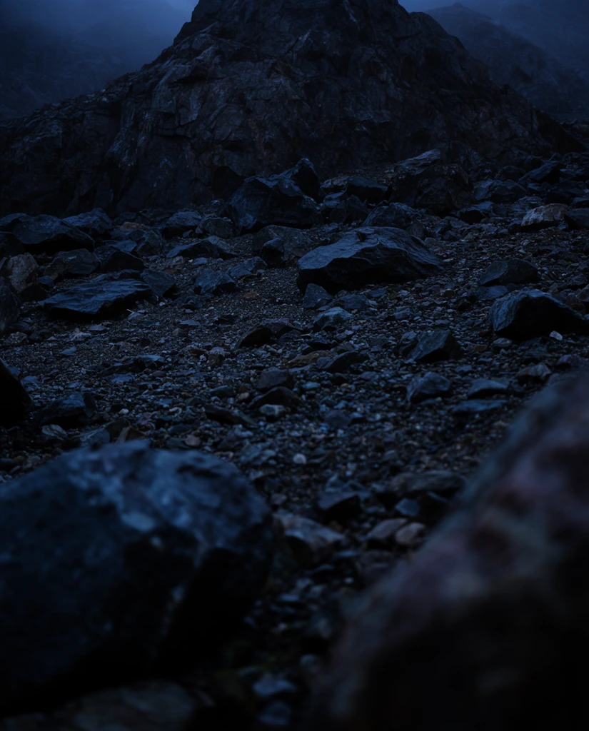 A dark, rugged rocky terrain illuminated by dim, cool twilight. The sloping ground features a chaotic mix of small pebbles and jagged, deep blue-grey boulders. A massive, craggy rock face rises in the background, its peak fading into faint mist. A shallow depth of field severely blurs massive dark stones in the immediate foreground corners, drawing sharp focus to the intricate, raw textures of the mid-ground rocks. Heavy shadows, cinematic low-key lighting, and pervasive cold tones define the moody, atmospheric environment.