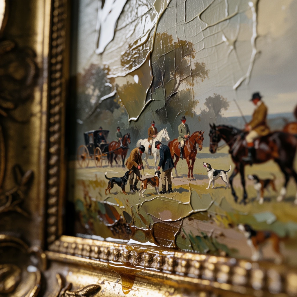 extreme macro shot of an ornate frame housing a painting of a hunting scene, riders on horses and dogs in a field with background trees, dismounted men interacting with dogs, horse-drawn carriage, heavy impasto and craquelure, visceral cinematic grain, soft diffused lighting, muted palette, extreme shallow depth of field, tactile 35mm film aesthetic, focus on the materiality of wet varnish, raw organic texture, high-signal micro-detail, atmospheric film quality.