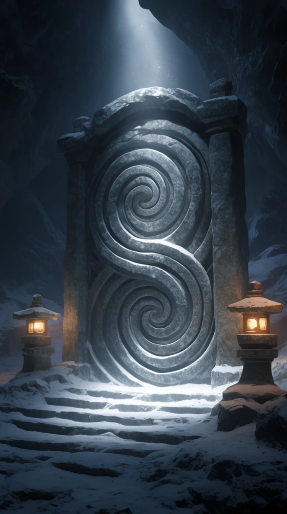 Massive stone gate with interlocking double spiral carving, dark snowy cavern, glowing stone lanterns, dramatic spotlight, cold cinematic lighting, fantasy concept art
