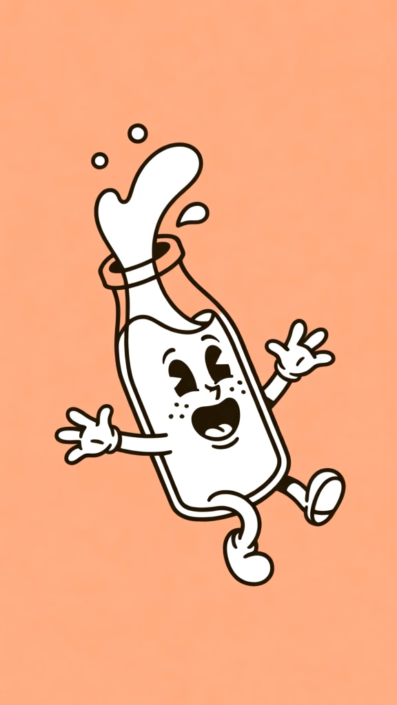 A 1930s rubber-hose style illustration features a cheerful, anthropomorphic milk bottle character tilted diagonally against a solid peach-colored background. The bottle is outlined in a thick, dark brown stroke and contains a white liquid that splashes out from its open top in a dynamic, curved plume accompanied by three small circular droplets. The character has an expressive face with large pie-cut eyes, thin arched eyebrows, three small freckles on each cheek, and a wide-open laughing mouth that reveals a tongue and a single upper tooth. Extending from the sides and bottom of the bottle are thin, flexible limbs, including two arms with three-fingered white gloved hands spread wide and two bent legs ending in rounded, dark-outlined feet. The entire scene is set on a uniform, flat backdrop, utilizing clean, bold lines and a minimalist color palette of white, black, and the background's peach hue to create a vintage cartoon aesthetic. The perspective is a flat, two-dimensional view centered on the falling or floating character.