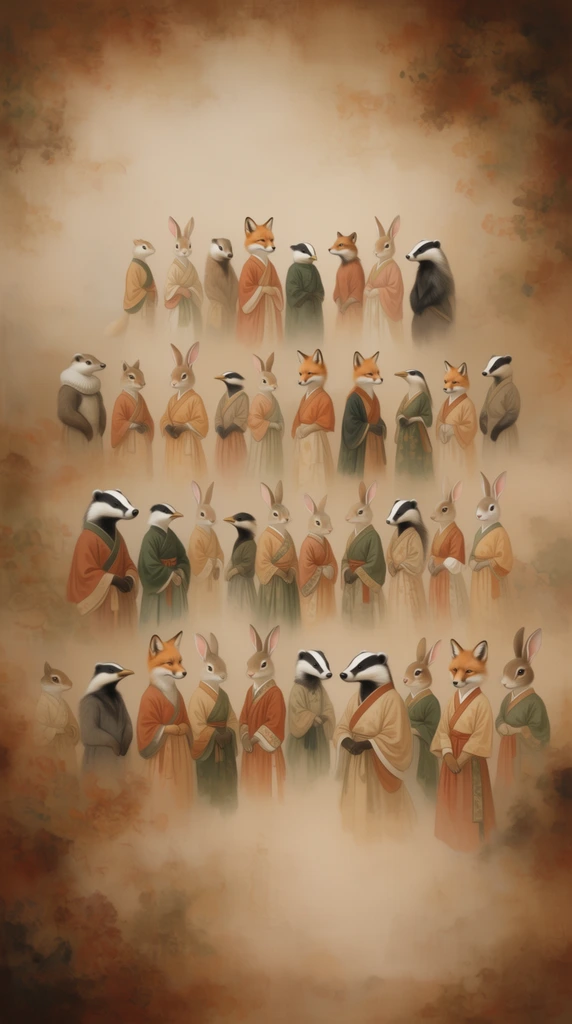 Several orderly rows of anthropomorphic animal characters stand in a formal arrangement, rendered as a serene, ethereal classical painting with muted earthy tones and misty atmospheric depth. The upright creatures, featuring finely detailed foxes, rabbits, badgers, and birds, wear elegantly draped garments accented in soft terracotta, warm ochre, and deep forest green. They are positioned in staggered, horizontal tiers with poised, tranquil postures. The figures inhabit a gentle, hazy environment where the surrounding space transitions into smooth, sepia-tinted misty gradients, evoking the delicate mottling of aged parchment or traditional silk. The artistic execution pairs precise, crisp brushstrokes on the characters' fur and attire with softly blurred, atmospheric washes in the surrounding areas. The lighting is gentle, diffused, and ambient, casting a subtle, warm, even glow across the subjects. The overall aesthetic fuses Chinoiserie-inspired romanticism with a highly polished painting technique, framed by a delicate vignette that deepens the rich earthy umbers at the outermost edges of the composition.