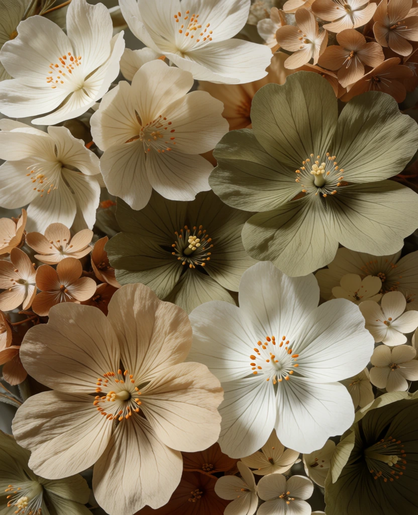 A dense, vertical top-down composition features an array of five-petaled flowers and clusters of smaller blossoms in a muted, earthy color palette of cream, olive green, terracotta, and beige. The larger flowers exhibit delicate, ribbed textures on their petals, radiating from central stamens tipped with tiny yellow and orange anthers. These blooms are tightly packed, overlapping one another to create a rich tapestry where almost no background is visible. In the upper left, off-white flowers with thin, translucent petals cluster together, while a large, muted green flower sits to the right, its petals showing fine, parallel veining. Lower in the frame, a large beige flower dominates the bottom left, its petals heavily textured, adjacent to a bright white bloom with orange-tipped stamens. Interspersed among the larger flowers are clusters of smaller, dried-looking blossoms in shades of tan and light brown, adding to the intricate layers. The lighting is soft and even, casting subtle shadows that provide depth between the overlapping layers of petals. The overall aesthetic is one of a vintage floral arrangement, characterized by its desaturated tones and matte finishes.