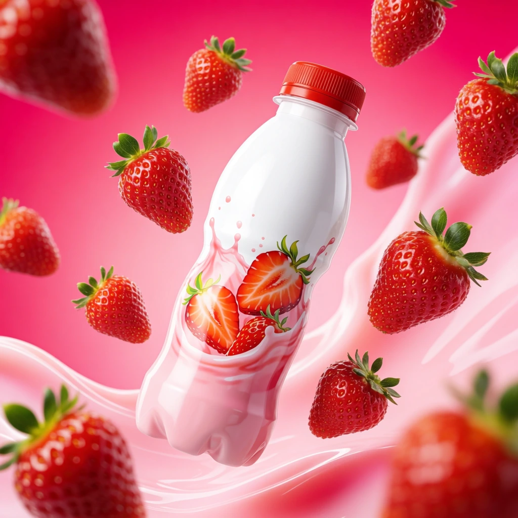 A white plastic beverage bottle with a red cap floats diagonally against a vibrant pink gradient background. The container displays an illustration of sliced red strawberries splashing into creamy pink liquid. Surrounding the bottle, numerous fresh, whole strawberries with bright green leaves float dynamically in mid-air. These berries vary in depth, with softly blurred fruits in the extreme foreground and background creating a shallow depth of field. The luminous backdrop is accented by smooth, flowing ripples of milky pink fluid blending into the vibrant color field. Brilliant, even lighting highlights the glossy plastic texture and the juicy, seeded details of the scattered fruit, capturing a polished, high-energy commercial photography aesthetic.