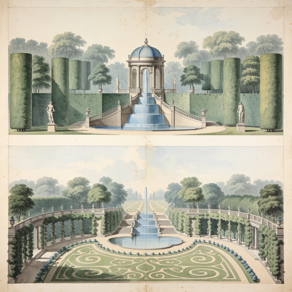 A precise watercolor and ink architectural rendering of a classical formal garden, split into two stacked horizontal panels. The top elevation centers on a domed stone pavilion perched above a cascading terraced fountain, flanked by towering cylindrical topiary trees, manicured emerald hedges, and classical statues. The lower panel illustrates a sweeping layout with a central tiered staircase and water channel, bordered by curved colonnades draped in dense foliage and intricate swirling parterre lawns. Both highly symmetrical scenes are drafted on aged beige paper using a delicate palette of sage greens, pale cerulean blues, and muted grays. Soft, hazy woodland silhouettes in the background emphasize the meticulous orthographic drafting of the grand landscape design.