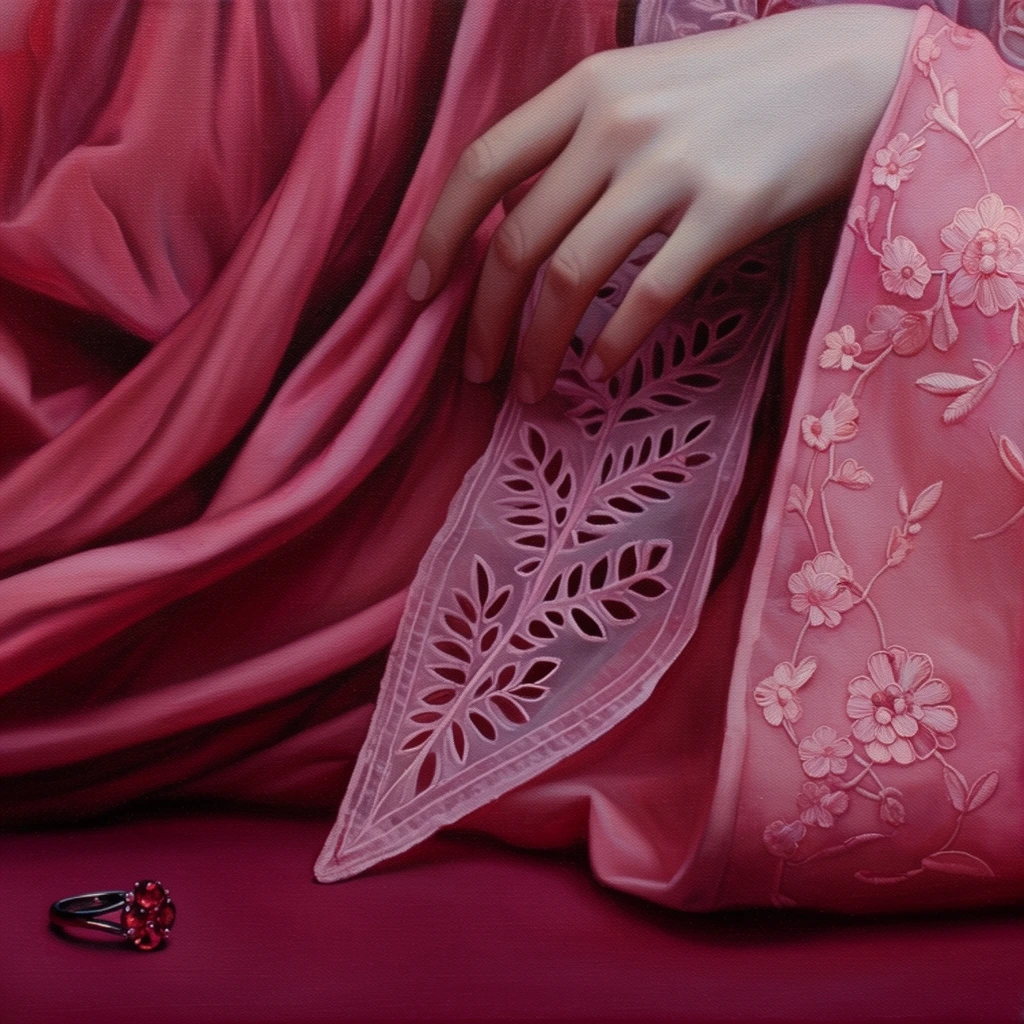 A close-up oil painting on canvas capturing a delicate, pale hand resting gracefully against elaborate monochromatic pink and magenta garments. The softly curled fingers hover over a sheer, pointed fabric panel adorned with intricate cut-out leaf patterns. To the right, a sleeve features pale pink floral embroidery with delicate blossoms and vines. Voluminous heavy pink fabric cascades in deep, sweeping folds on the left, creating intense shadows. The fabrics rest on a smooth, deep magenta surface where a solitary ring lies abandoned in the bottom left corner, detailed with a dark metal band and a clustered crimson gemstone. The artwork utilizes a highly restricted rose-toned color palette, visible canvas texture, and dramatic chiaroscuro lighting to emphasize the rich material contrasts between heavy drapery and delicate sheer textiles.