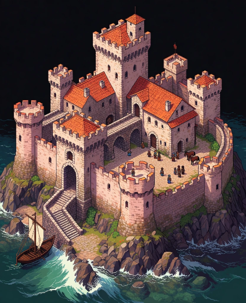 A detailed isometric pixel art illustration depicts a sprawling stone castle complex built upon a rocky island amidst dark, churning waters. The castle features multiple layers of curtain walls, crenellated battlements, and several circular towers topped with conical, orange-tiled roofs. A central, towering keep rises above the rest, accented by smaller hanging turrets and connected via elevated stone bridges to adjacent buildings. Tiny figures of people are positioned throughout the courtyards, walkways, and stone staircases, while two horses stand near an inner gateway on the right side. A small wooden ship with a vertical sail floats on the choppy sea near a natural rocky pier leading to a large arched gate. The stone walls are a pale tan color with visible masonry textures, and the roofs are a vibrant terracotta orange. The castle sits on a dark grey rocky foundation that meets the water with white, frothy waves. The surrounding sea is a deep teal-green with visible ripples and whitecaps, and the entire scene is isolated against a solid black background. The image uses a high-angle isometric perspective with lighting originating from the upper left, casting soft shadows across the architecture and terrain.