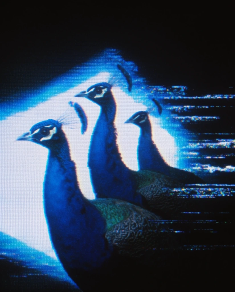 Three peacocks facing left emerge as dark silhouettes against an intense, angular bloom of bright white and electric blue light. The entire composition is viewed through a heavy analog CRT monitor filter, defined by pronounced horizontal scanlines, glowing phosphor dot pixelation, and aggressive video glitch artifacts. Brilliant cyan luminescence acts as a harsh backlight, washing the edges of the avian figures in a neon glow while keeping their bodies in deep shadow. The surrounding environment falls into a pitch-black void, disrupted by jagged horizontal streaks of digital static and glowing pixelated noise stretching outward toward the right edge. The visual texture mimics lo-fi digital decay and retro video tracking errors, dominating the frame with a stark, monochromatic high-contrast aesthetic.