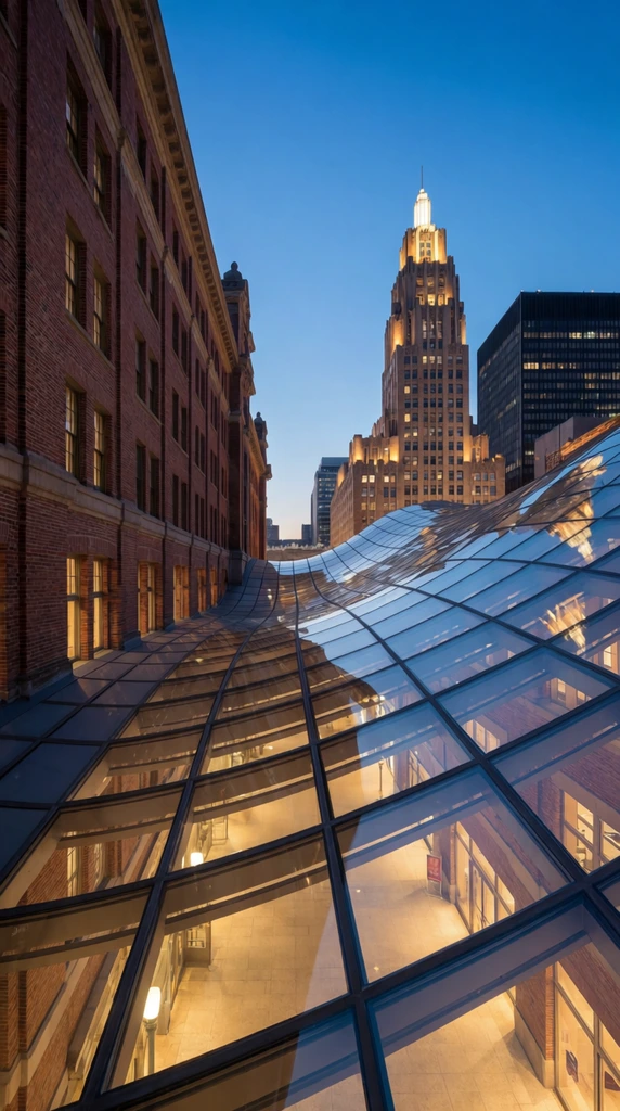 An elevated view of a sweeping, undulating glass and steel canopy connecting historic brick buildings at twilight. The curved transparent grid roof reveals a brightly lit interior concourse bathed in warm yellow light. A classic multi-story brick facade flanks the left side. In the background, a tall art deco skyscraper with a glowing spire rises alongside a dark modern building against a clear blue evening sky. Cool twilight reflections on the glass sharply contrast with the inviting interior illumination below.