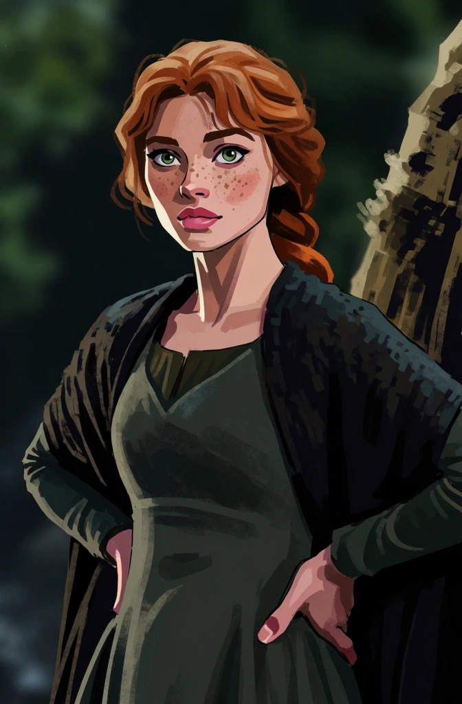 dynamic cinematic elegant portrait of a beautiful girl, vibrant face, high cheekbones dusted with light freckles, a straight nose, a wide expressive mouth full pink lips, Large piercing green eyes, Thick wavy deep auburn hair pulled back in a practical but elegant braid, body is lean and strong, a flat muscular stomach, powerful shapely legs, A well-proportioned attractive figure with a modest bust and hips, wears a sturdy plain wool dress, medieval fantasy setting, soft focus on background, dramatic chiaroscuro lighting, hyperrealistic, painterly, digital art, thick brushstrokes, graphic novel art, 8k