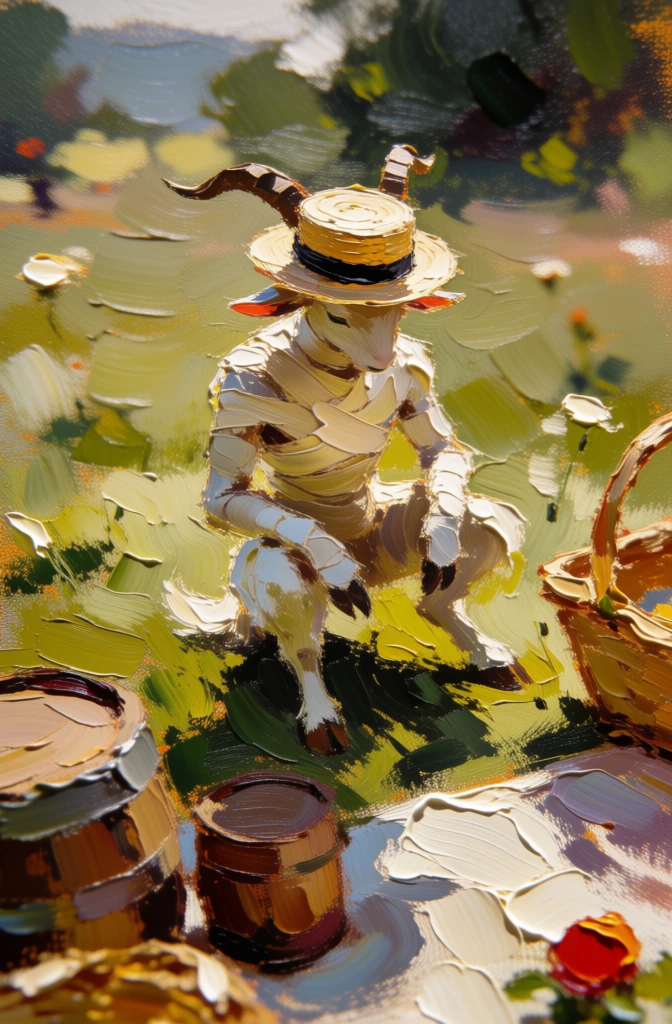 impressionistic oil painting style, thick impasto brushstrokes, central humanoid goat creature sitting in a sun-drenched meadow, wrapped in textured white bandages, wearing a straw boater hat, high-angle perspective, dappled sunlight, sharp highlights and deep shadows, palette of olive greens, ochre, and creamy whites, loose expressive alla prima brushwork, soft-focus landscape, vibrant energetic marks, rustic picnic elements, painterly abstraction, high-key lighting
