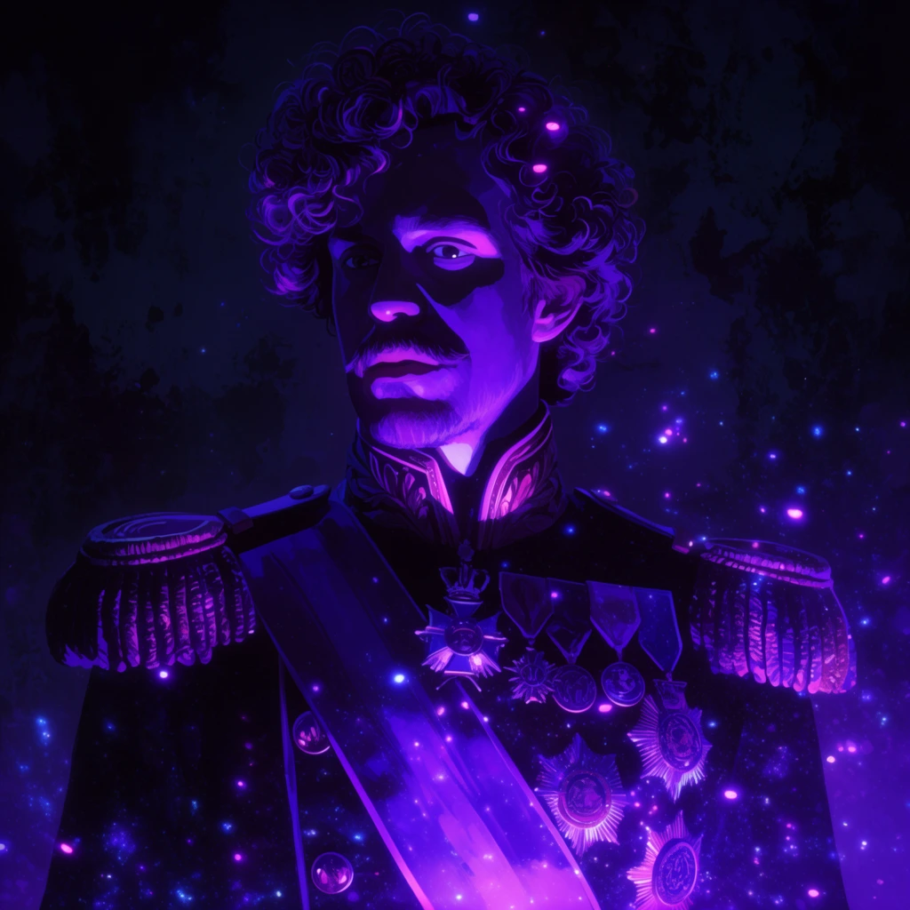 A man with curly hair and a mustache wearing an ornate military uniform is illuminated by an intense, ethereal neon purple glow against a shadowy, dark background. The man is positioned in a medium close-up, his voluminous curly hair and facial features dramatically contoured by stark, vibrant violet and magenta underlighting. His uniform is highly detailed, featuring thick, structured epaulettes on the shoulders, a broad diagonal sash across his chest, and numerous intricate medals that catch and reflect the striking ultraviolet light. The lighting emanates from just below the frame, casting deep, high-contrast shadows across his face and uniform. Countless glowing purple and blue light particles, resembling cosmic stardust and luminous magical sparks, float through the air surrounding him. The background is engulfed in deep, murky indigo with subtle, dark grunge-like textures fading into pitch blackness. The overall visual aesthetic is a dark fantasy digital illustration characterized by rich bioluminescent hues, extreme chiaroscuro lighting, and a sharp, polished rendering technique with glowing atmospheric visual effects.
